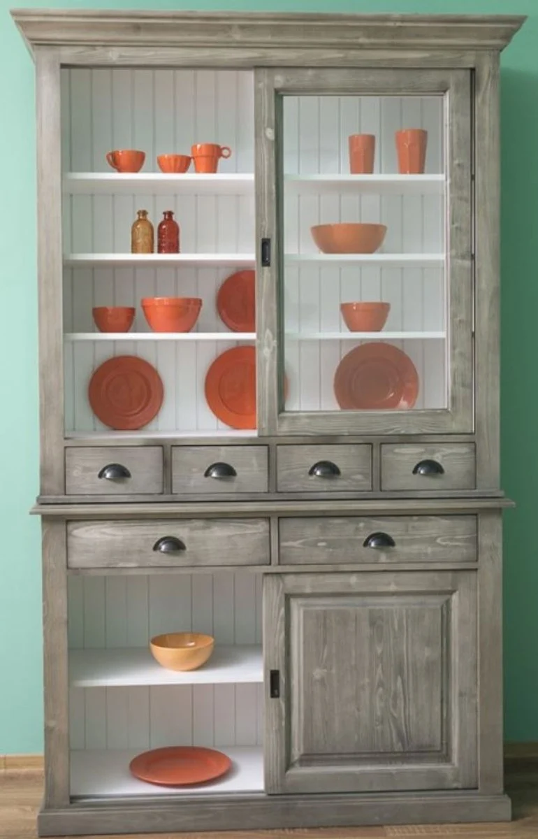 Casa Padrino Landhausstil Küchenschrank Grau / Weiß 142 x 48 x H. 225 cm - 2 Teiliger Schrank mit 4 Schiebetüren und 6 Schubladen - Landhausstil Küchenmöbel