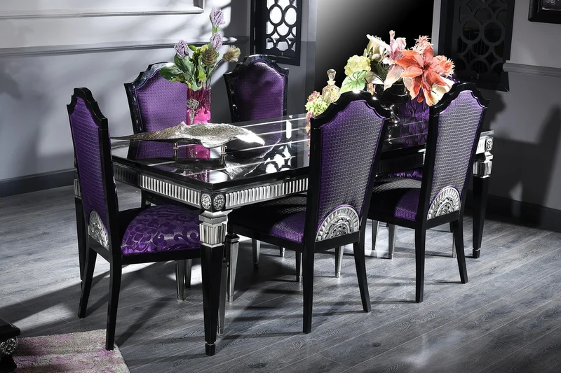 Casa Padrino Luxus Barock Esszimmer Set Lila / Schwarz / Silber - Esstisch und 6 Esszimmerstühle - Esszimmermöbel im Barockstil