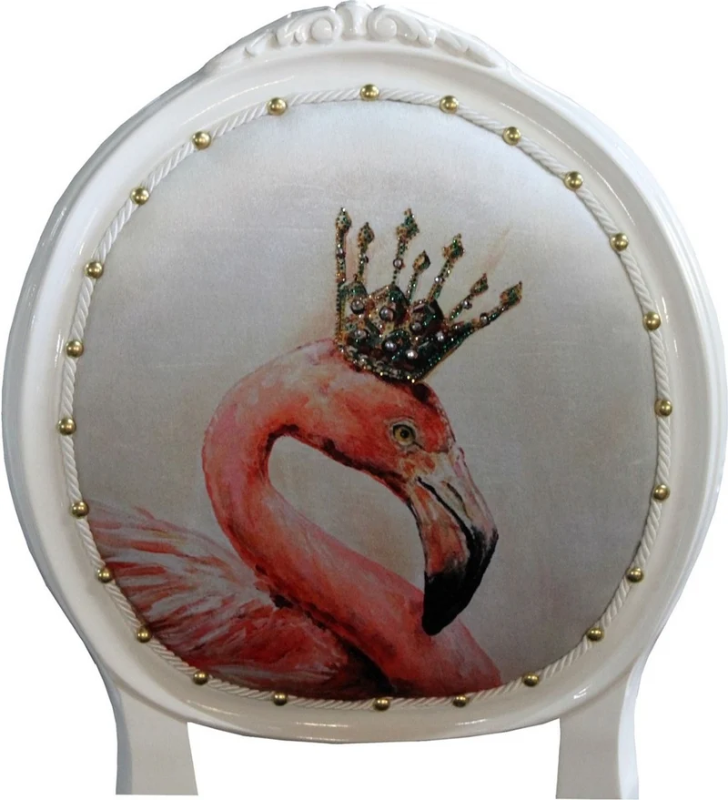 Casa Padrino Luxus Barock Esszimmer Set Flamingo mit Krone Weiß / Schwarz / Mehrfarbig 48 x 50 x H. 98 cm - 6 handgefertigte Esszimmerstühle mit Bling Bling Glitzersteinen - Barock Esszimmermöbel