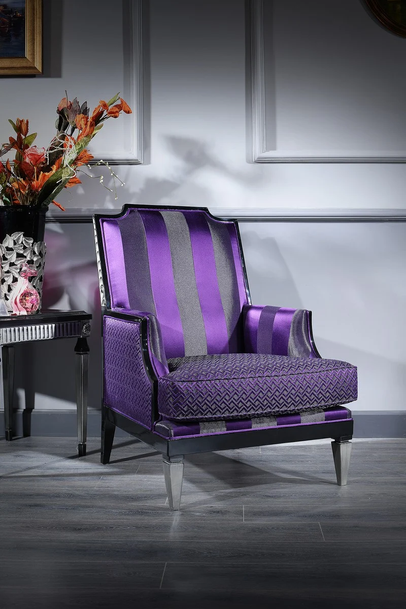Casa Padrino Luxus Barock Wohnzimmer Sessel Lila / Schwarz / Silber 72 x 76 x H. 103 cm - Barockmöbel