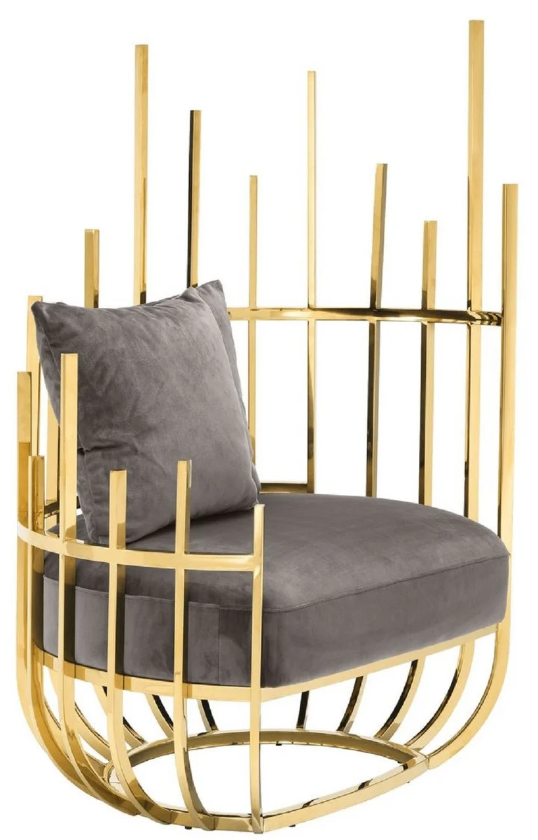 Casa Padrino Designer Sessel rechtsseitig mit 2 Kissen Grau / Gold 91,5 x 75 x H. 136,5 cm - Designer Wohnzimmer Möbel - Luxus Qualität