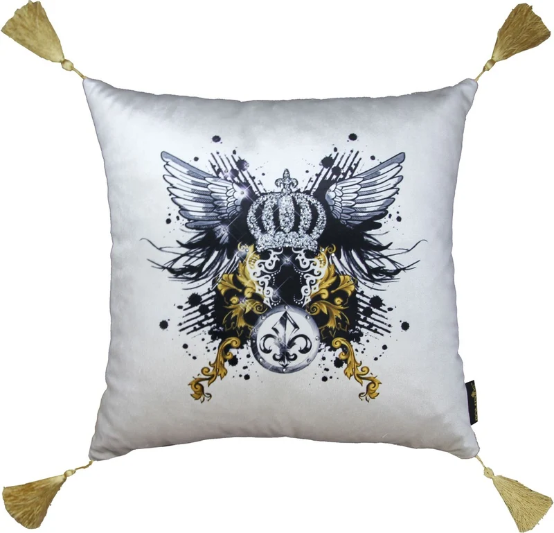 Casa Padrino Harald Glööckler Luxus Barock Kissen Pompöös mit Engelsflügeln, Krone, Strass und Troddeln, Creme / Schwarz, 40 x 40 cm