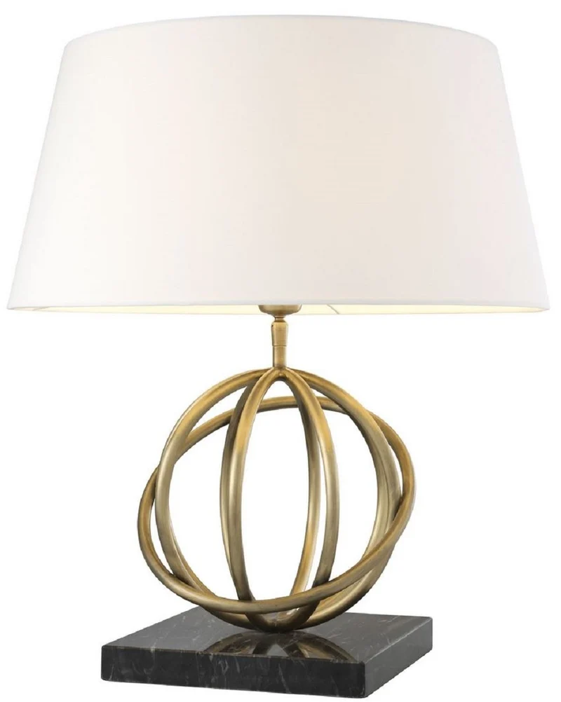 Casa Padrino Luxus Tischleuchte Antik Messing / Schwarz / Weiß Ø 50 x H. 57 cm - Messing Tischlampe mit Marmorsockel und rundem Lampenschirm