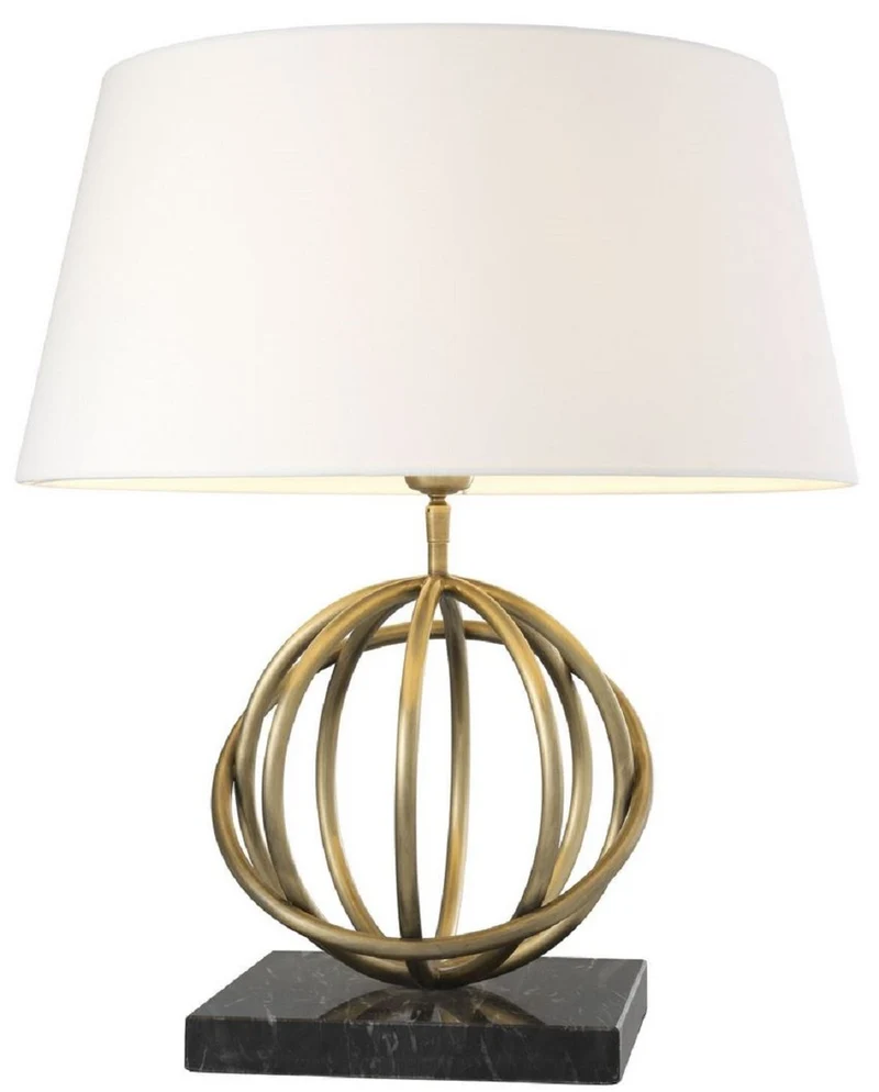 Casa Padrino Luxus Tischleuchte Antik Messing / Schwarz / Weiß Ø 50 x H. 57 cm - Messing Tischlampe mit Marmorsockel und rundem Lampenschirm