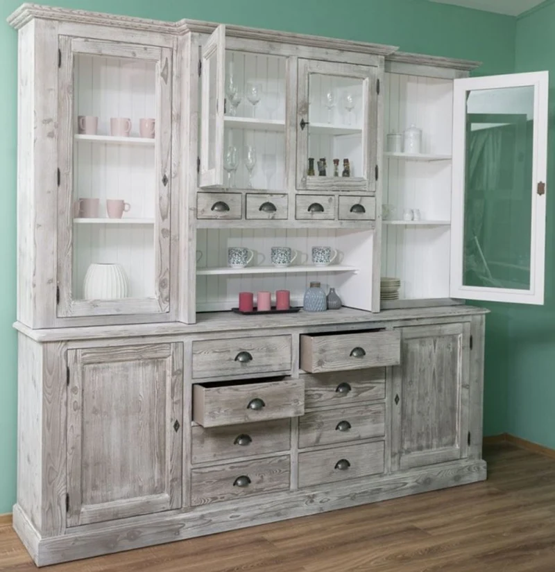 Casa Padrino Landhausstil Küchenschrank Grau / Weiß 244 x 47 x H. 225 cm - 2 Teiliger Schrank mit 6 Türen und 12 Schubladen - Landhausstil Küchenmöbel