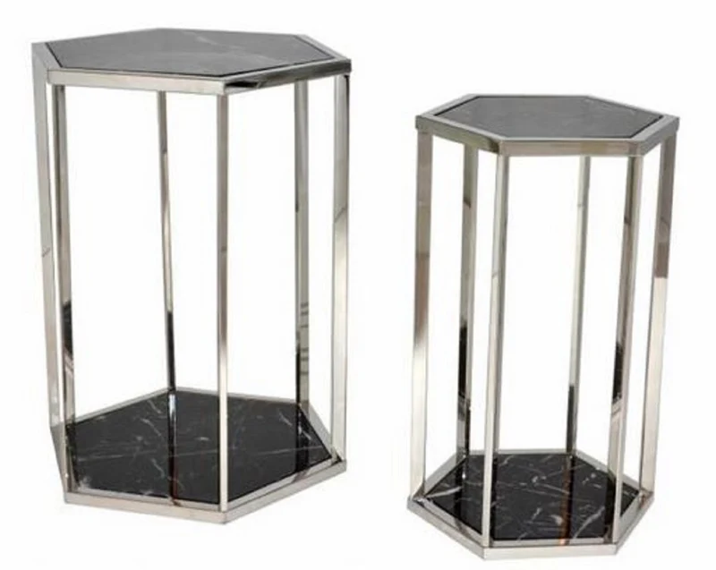 Casa Padrino Luxus Beistelltisch Set Silber / Schwarz - Edelstahl Tische mit Marmorplatten - Luxus Kollektion
