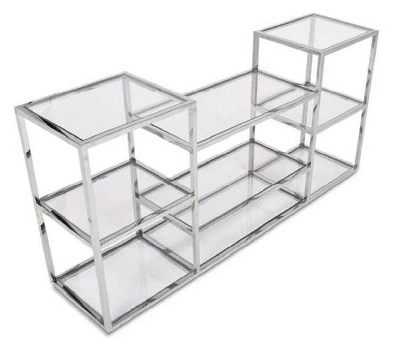 Casa Padrino Luxus Konsole Silber 160 x 38 x H. 75 cm - Edelstahl Konsolentisch mit Glasplatten