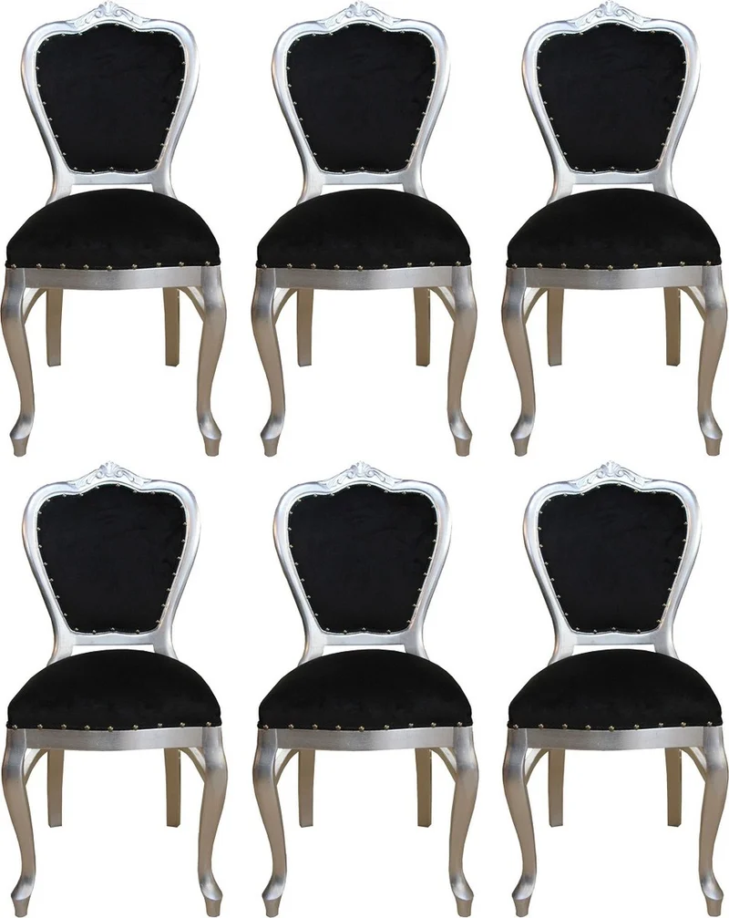 Casa Padrino Luxus Barock Esszimmer Set Schwarz / Silber 45 x 46 x H. 99 cm - 6 handgefertigte Esszimmerstühle - Barock Esszimmermöbel