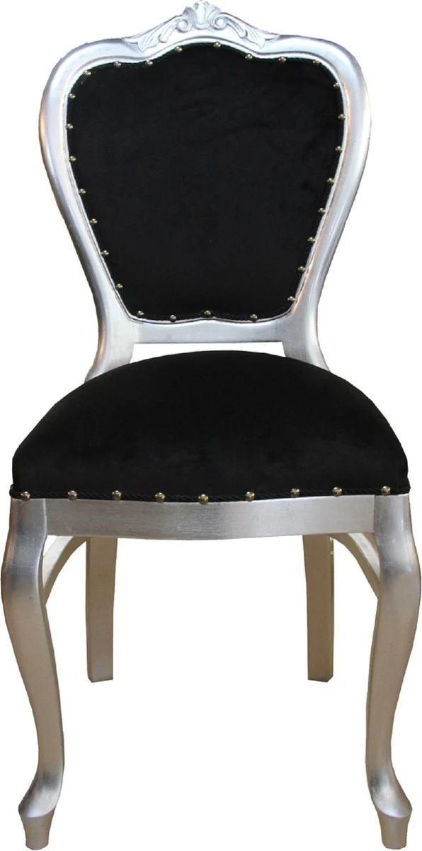 Casa Padrino Luxus Barock Esszimmer Set Schwarz / Silber 45 x 46 x H. 99 cm - 6 handgefertigte Esszimmerstühle - Barock Esszimmermöbel