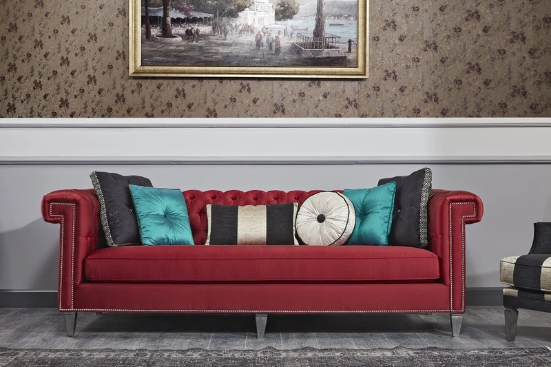 Casa Padrino Luxus Barock Chesterfield Sofa Rot / Silber 249 x 102 x H. 81 cm - Chesterfield Wohnzimmermöbel