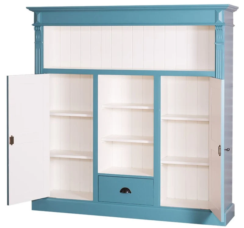 Casa Padrino Landhausstil Bücherschrank Blaugrün / Weiß 60 x 36 x H. 100 cm - Massivholz Schrank mit 2 Türen und Schublade - Wohnzimmerschrank - Landhausstil Möbel