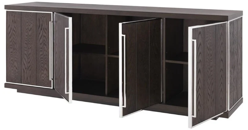 Casa Padrino Luxus Sideboard mit 4 Türen Braun / Silber 200 x 49,5 x H. 78 cm - Wohnzimmerschrank - Büroschrank - Kommode - Luxus Qualität