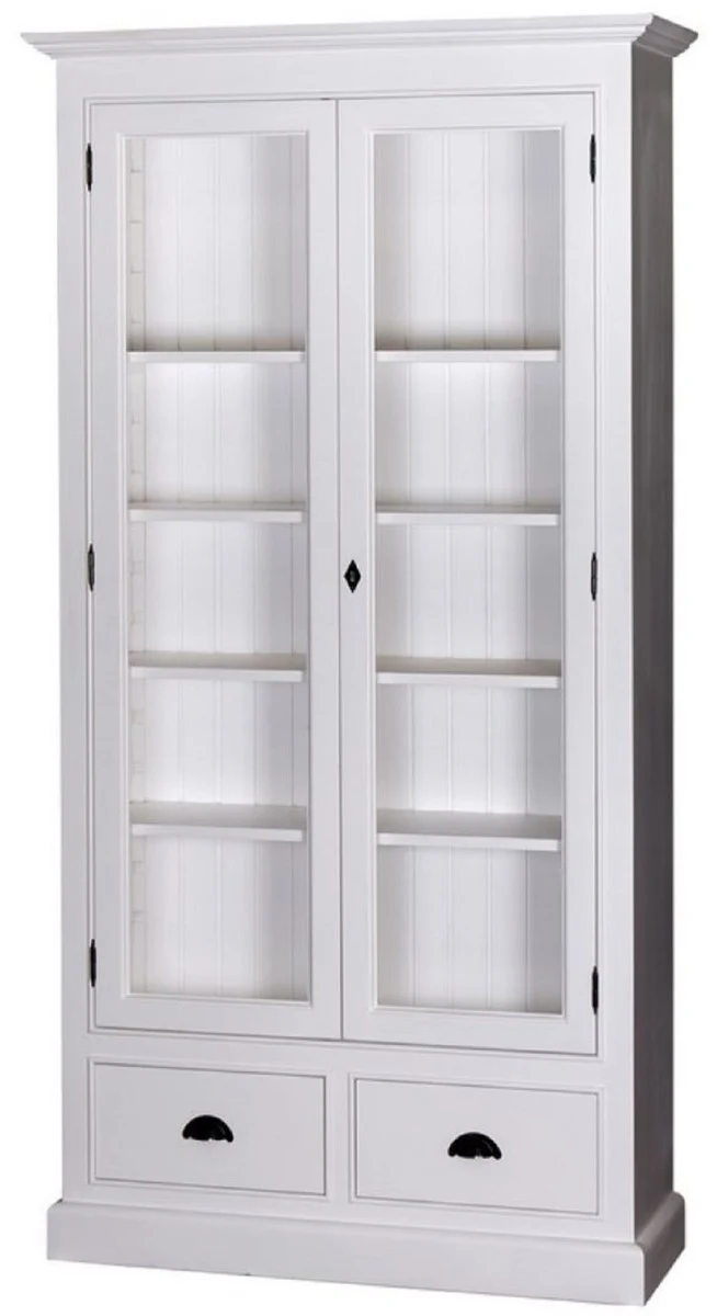 Casa Padrino Landhausstil Wohnzimmer Vitrinenschrank Weiß 109 x 39 x H. 210 cm - Wohnzimmerschrank mit 2 Glastüren und 2 Schubladen