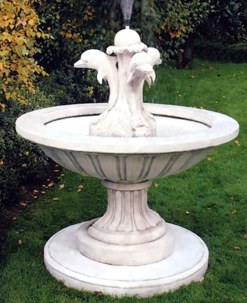 Casa Padrino Jugendstil Gartenbrunnen Weißgrau Ø 130 x H. 145 cm - Runder Springbrunnen mit dekorativen Delfinen - Gartendeko