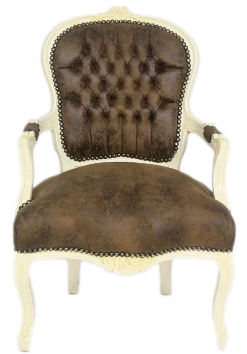 Casa Padrino Barock Salon Stuhl Set Braun / Creme 60 x 50 x H. 93 cm - 4 handgefertigte Salon Stühle mit Lederoptik - Barockmöbel
