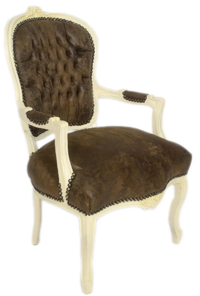 Casa Padrino Barock Salon Stuhl Set Braun / Creme 60 x 50 x H. 93 cm - 4 handgefertigte Salon Stühle mit Lederoptik - Barockmöbel