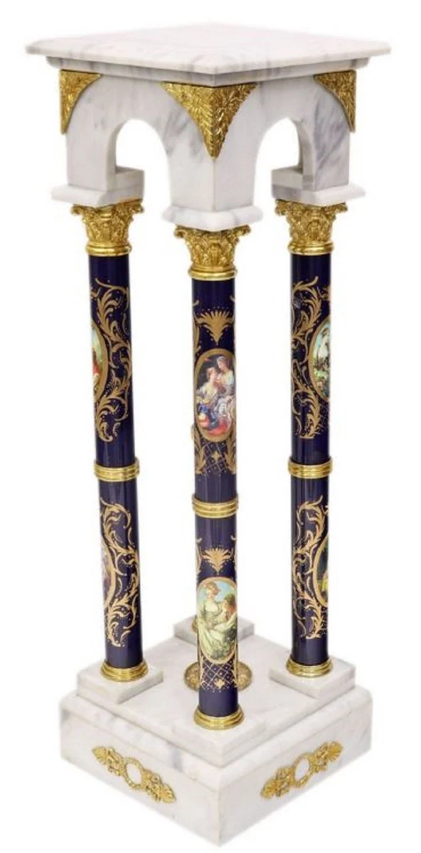 Casa Padrino Barock Marmorsäulen Set Weiß / Dunkelblau / Gold - Elegantes Säulen Set im Barockstil