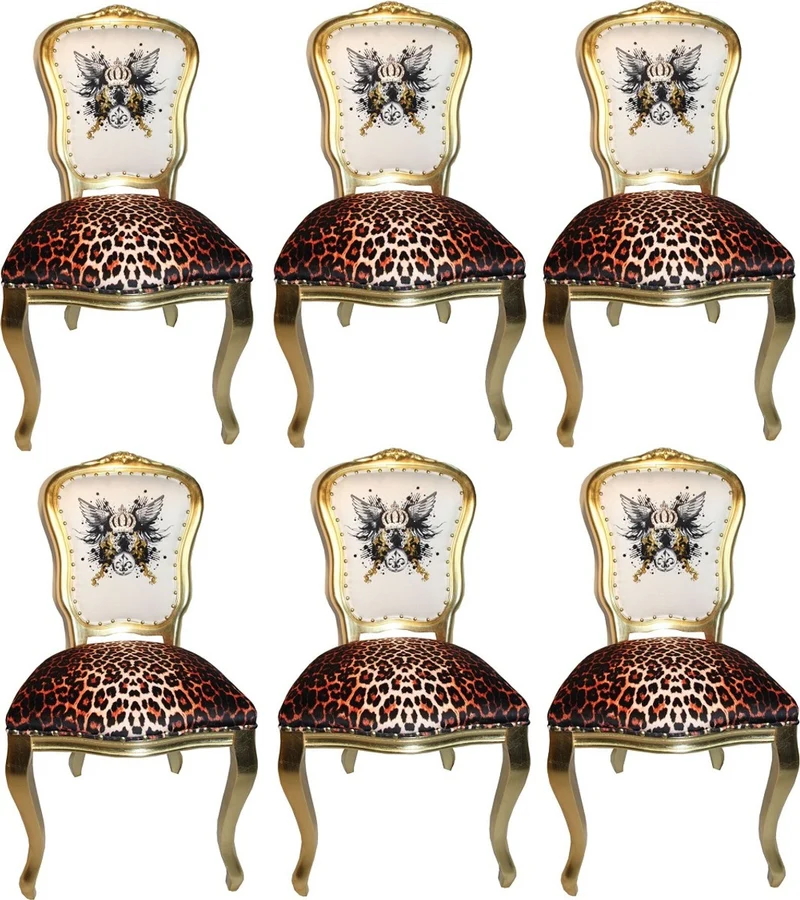 Pompöös by Casa Padrino Luxus Barock Esszimmerstühle Glitzerkrone & Engelsflügel Leopard / Weiß / Gold 50 x 60 x H.104 cm - Pompööse Barock Stühle designed by Harald Glööckler - 6 Esszimmerstühle