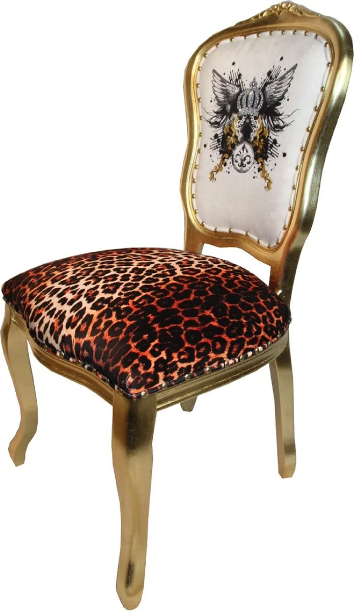 Pompöös by Casa Padrino Luxus Barock Esszimmerstühle Glitzerkrone & Engelsflügel Leopard / Weiß / Gold 50 x 60 x H.104 cm - Pompööse Barock Stühle designed by Harald Glööckler - 6 Esszimmerstühle