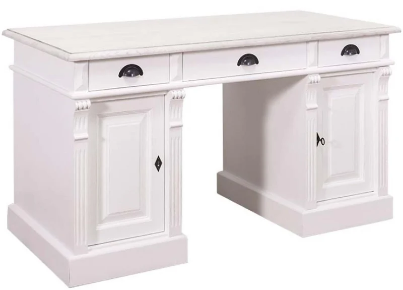 Casa Padrino Landhausstil Massivholz Schreibtisch mit 3 Schubladen und 2 Türen Weiß 140 x 70 x H. 78 cm - Landhausstil Büromöbel
