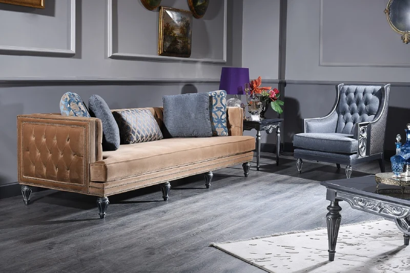 Casa Padrino Luxus Barock Wohnzimmer Set Blau / Beige / Silber - 2 Sofas & 2 Sessel & Couchtisch - Barock Wohnzimmermöbel