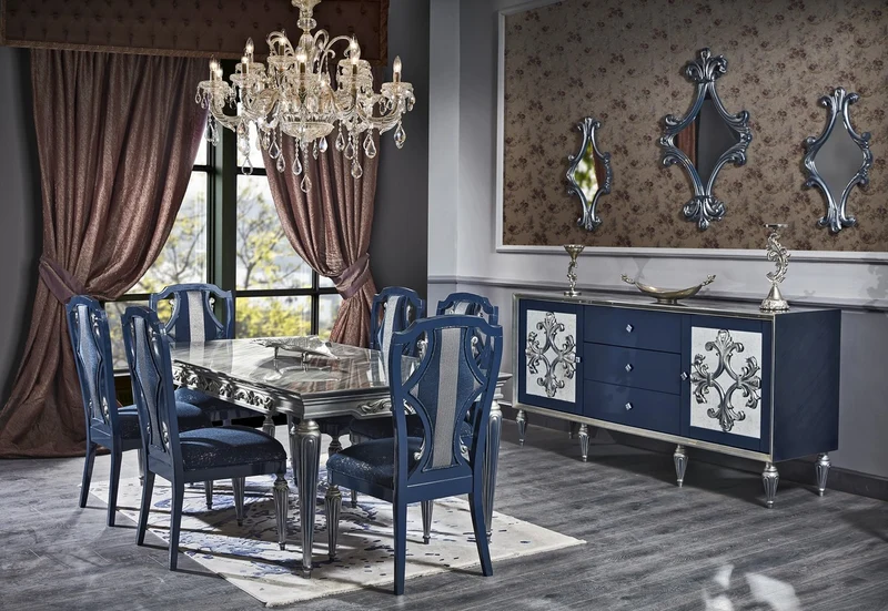 Casa Padrino Luxus Barock Esszimmer Set Blau / Silber - Esstisch und 6 Esszimmerstühle - Barock Esszimmermöbel