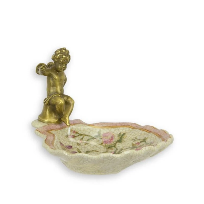 Casa Padrino Barock Porzellan Seifenschale mit Bronze Putte Creme / Rosa / Gold H. 11 cm - Prunkvolle Muschelschale - Barock Bad Accessoires