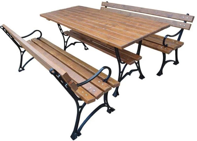 Casa Padrino Jugendstil Gartenmöbel Set Tisch und 2 Sitzbänke mit Armlehnen Braun / Schwarz 180 cm - Gartenmöbel Massivholz