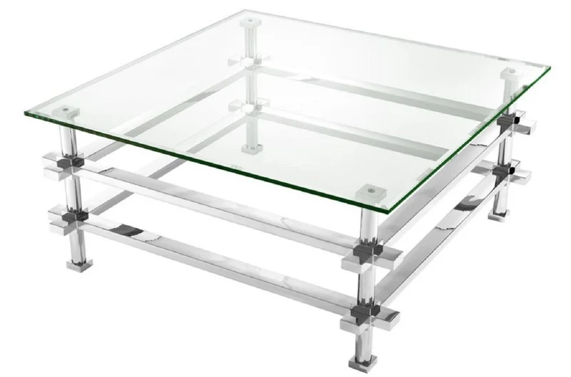 Casa Padrino Luxus Couchtisch Silber 100 x 100 x H. 45,5 cm - Edelstahl Wohnzimmertisch mit Glasplatte