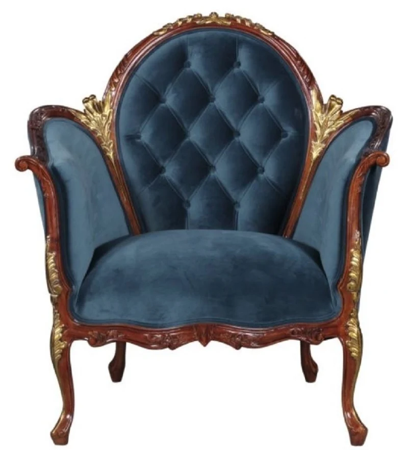 Casa Padrino Barock Salon Samt Sessel Blau / Braun / Messingfarben 86,5 x 71 x H. 94 cm - Barockmöbel