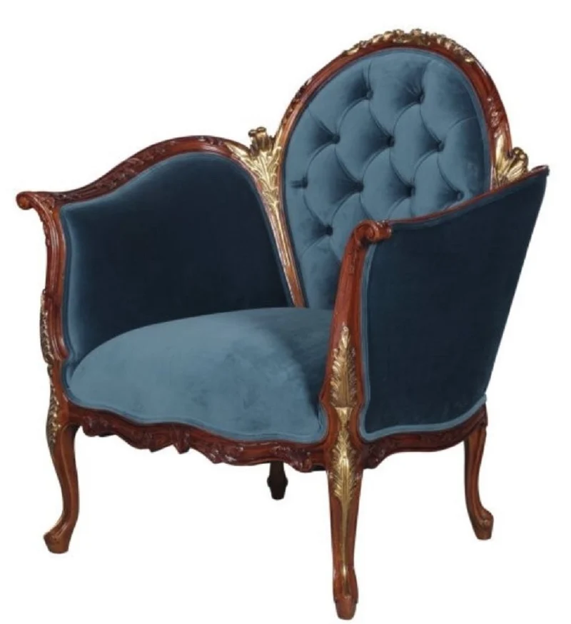 Casa Padrino Barock Salon Samt Sessel Blau / Braun / Messingfarben 86,5 x 71 x H. 94 cm - Barockmöbel