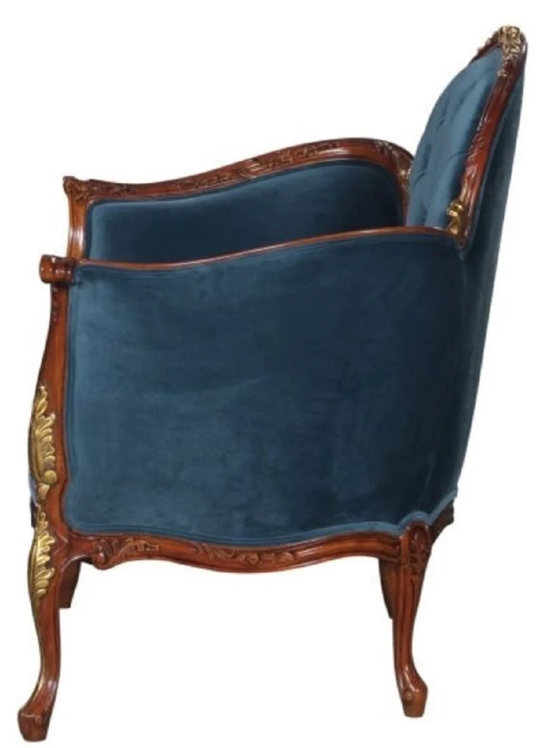 Casa Padrino Barock Salon Samt Sessel Blau / Braun / Messingfarben 86,5 x 71 x H. 94 cm - Barockmöbel