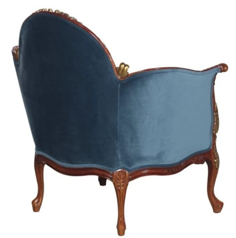 Casa Padrino Barock Salon Samt Sessel Blau / Braun / Messingfarben 86,5 x 71 x H. 94 cm - Barockmöbel