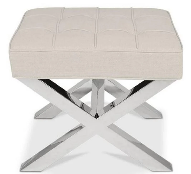 Casa Padrino Luxus Chesterfield Hocker Beige / Silber 60 x 50 x H. 47 cm - Wohnzimmermöbel - Luxus Kollektion