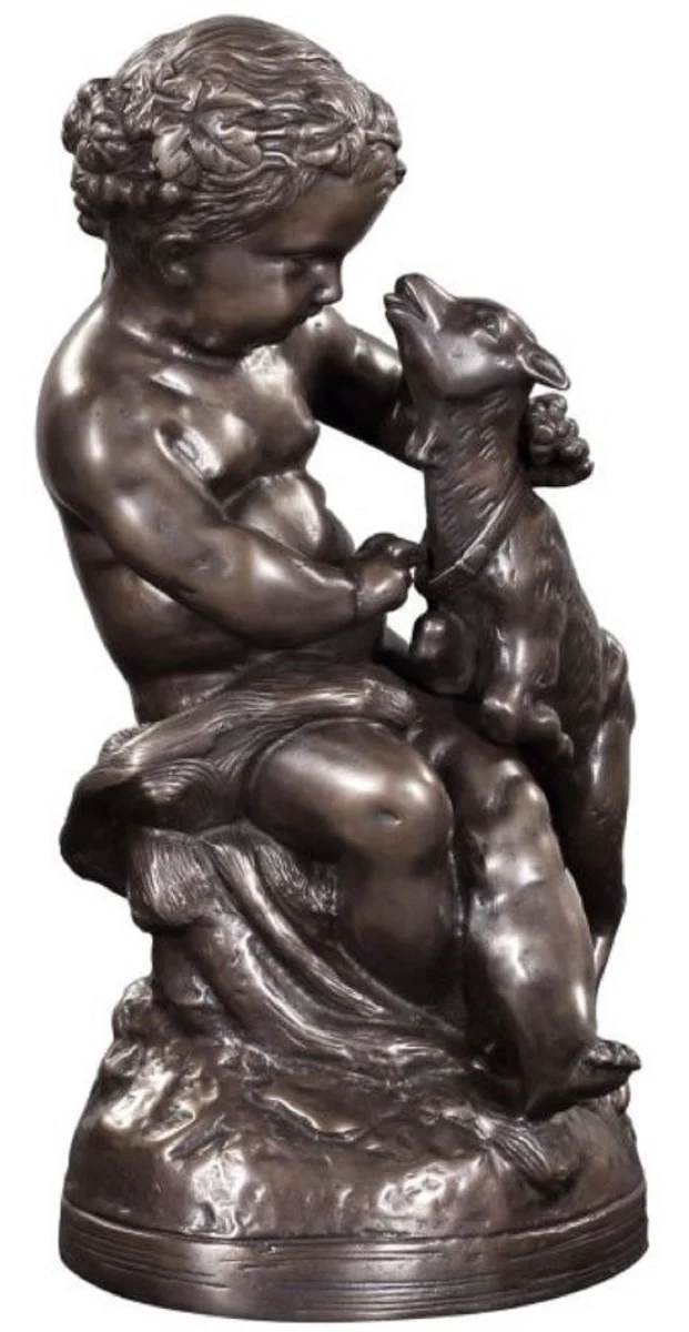 Casa Padrino Luxus Bronzefigur Engel mit Lamm Bronze 21 x 20 x H. 38 cm - Deko Bronze Skulptur