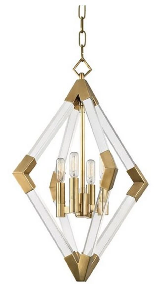 Casa Padrino Luxus Hängeleuchte Antik Messingfarben 43,8 x 43,8 x H. 61 cm - Pendelleuchte mit Acryl-Diamantrahmen und Metallakzenten