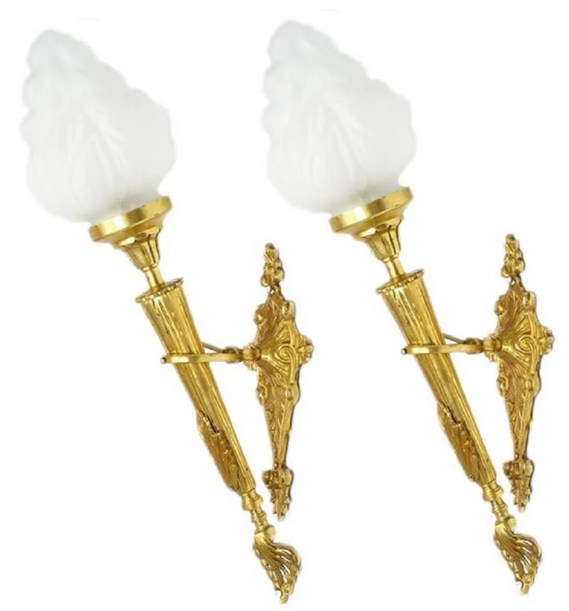 Casa Padrino Barock Wandleuchten Set Gold / Weiß 15 x 15 x H. 60 cm - Wandlampen im Fackel Design