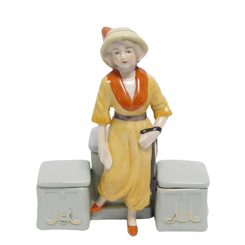 Casa Padrino Luxus Porzellan Doppel Senftopf Dame im Gelben Kleid Gelb / Grau / Orange 13,5 x 8 x H. 15,5 cm - Art Deco Tischdeko - Gewürzbehälter