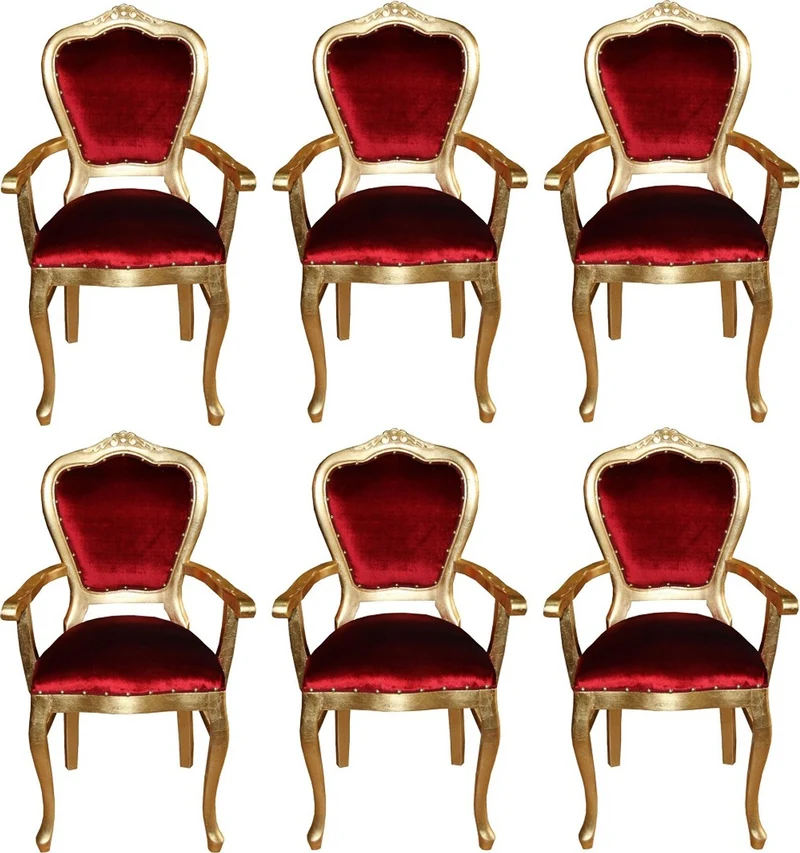 Casa Padrino Luxus Barock Esszimmer Set Bordeauxrot / Gold 60 x 47 x H. 99 cm - 6 handgefertigte Esszimmerstühle mit Armlehnen - Barock Esszimmermöbel