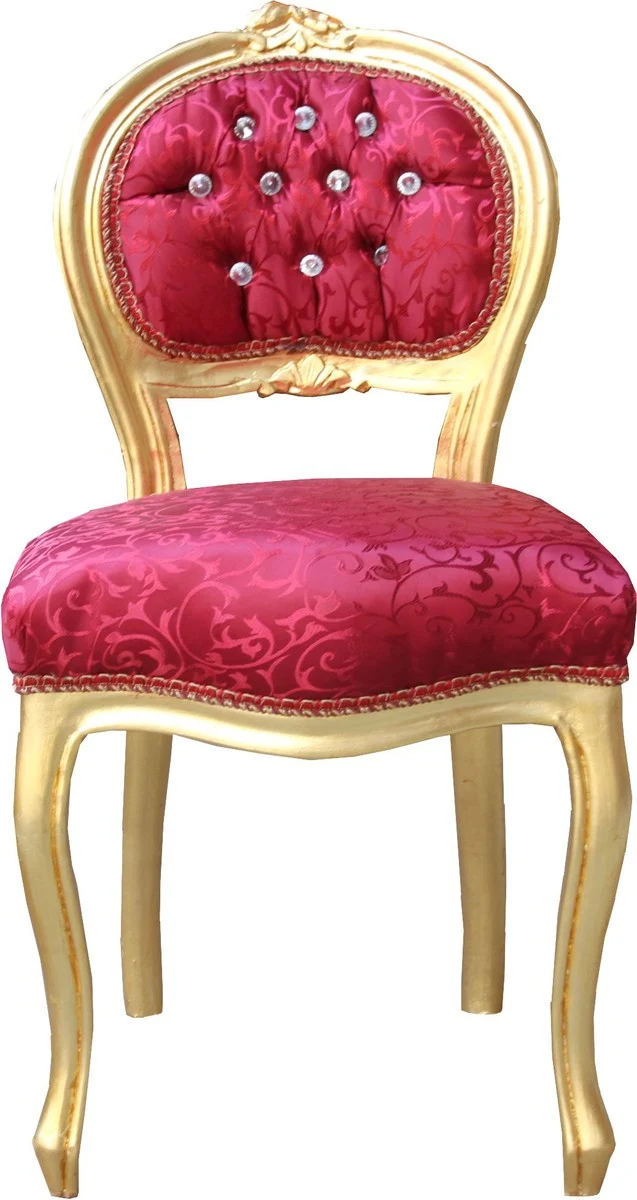 Casa Padrino Barock Damen Stuhl Bordeaux Muster / Gold mit Bling Bling Glitzersteinen - Schminktisch Stuhl