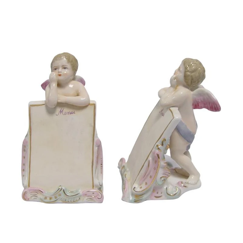 Casa Padrino Luxus Porzellan Menükartenhalter 2er Set Putten Weiß / Rosa / Gold 10 x H. 15,5 cm - Tischkartenhalter - Barock Tischdeko