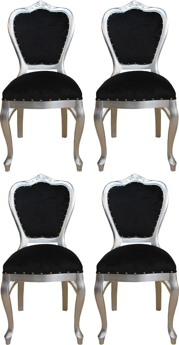 Casa Padrino Luxus Barock Esszimmer Set Schwarz / Silber 45 x 46 x H. 99 cm - 4 handgefertigte Esszimmerstühle - Barock Esszimmermöbel
