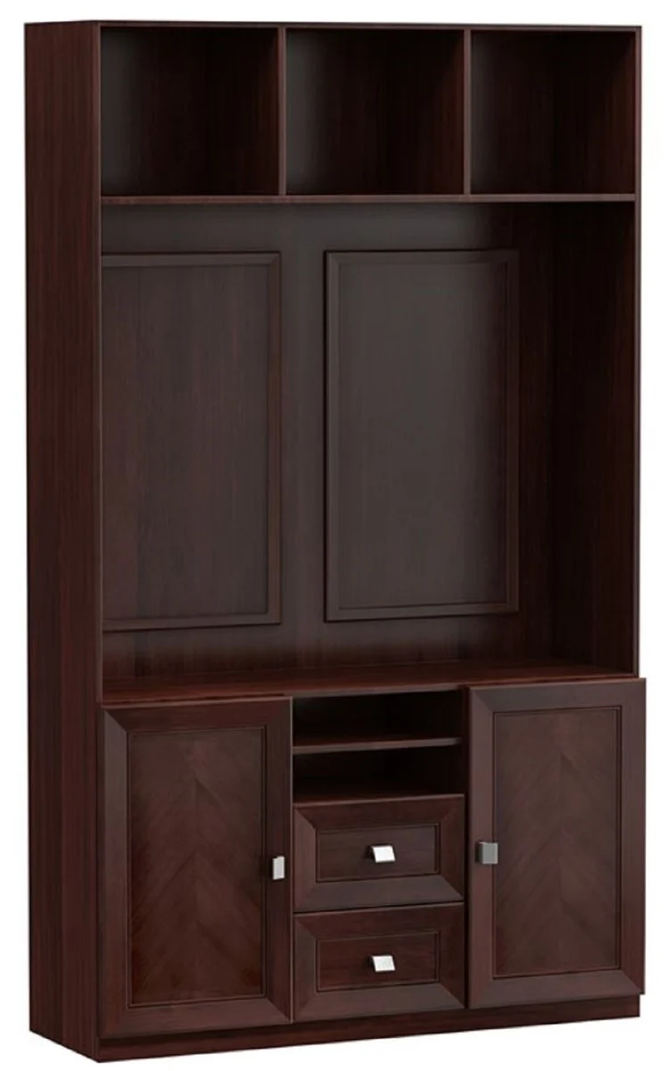 Casa Padrino Luxus Wohnzimmerschrank mit 2 Türen und 2 Schubladen Dunkelbraun / Silber 135,8 x 44,2 x H. 225,6 cm - Luxus Wohnzimmermöbel