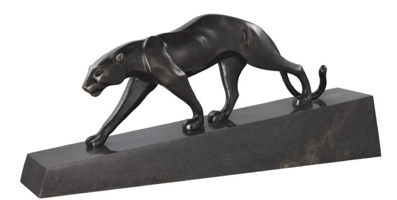 Casa Padrino Luxus Bronzefigur Panther Schwarz / Bronze 64 x 11 x H. 26,5 cm - Elegante Bronze Skulptur auf Marmorsockel