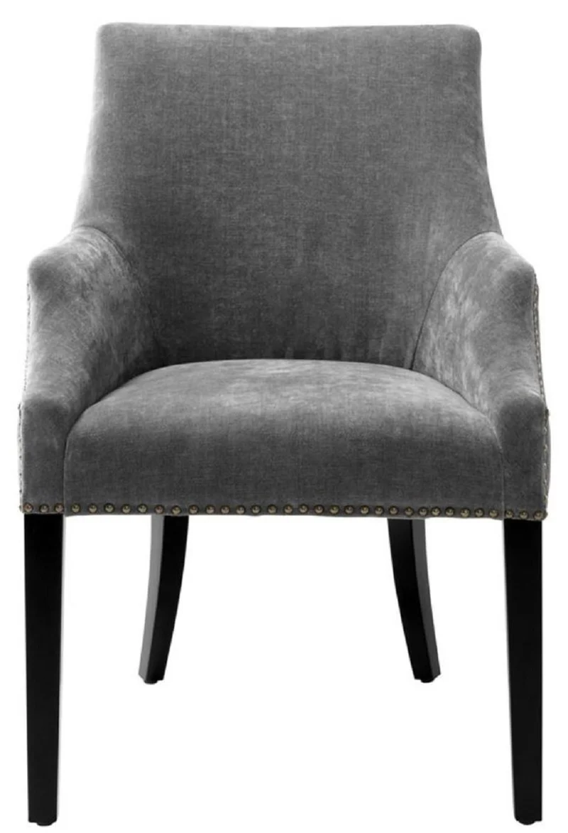 Casa Padrino Luxus Esszimmerstuhl mit Armlehnen Grau / Schwarz / Antik Messingfarben 60 x 71 x H. 92 cm - Esszimmermöbel