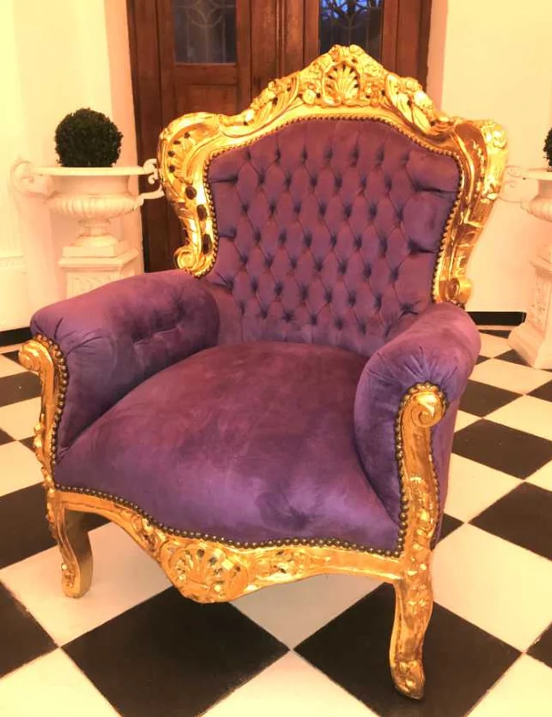 Casa Padrino Barock Sessel King lila / gold, Breite 85 cm, Tiefe 85 cm, Höhe 120 cm, Sitzhöhe 45 cm