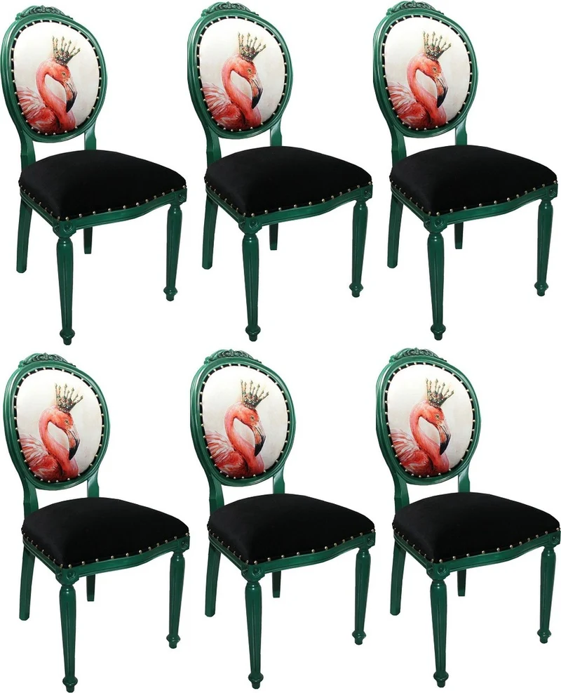 Casa Padrino Luxus Barock Esszimmer Set Flamingo mit Krone Grün / Schwarz / Mehrfarbig 48 x 50 x H. 98 cm - 6 handgefertigte Esszimmerstühle mit Bling Bling Glitzersteinen - Barock Esszimmermöbel