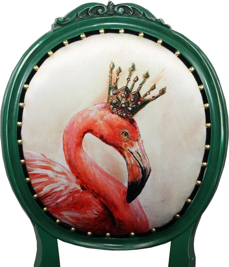 Casa Padrino Luxus Barock Esszimmer Set Flamingo mit Krone Grün / Schwarz / Mehrfarbig 48 x 50 x H. 98 cm - 6 handgefertigte Esszimmerstühle mit Bling Bling Glitzersteinen - Barock Esszimmermöbel