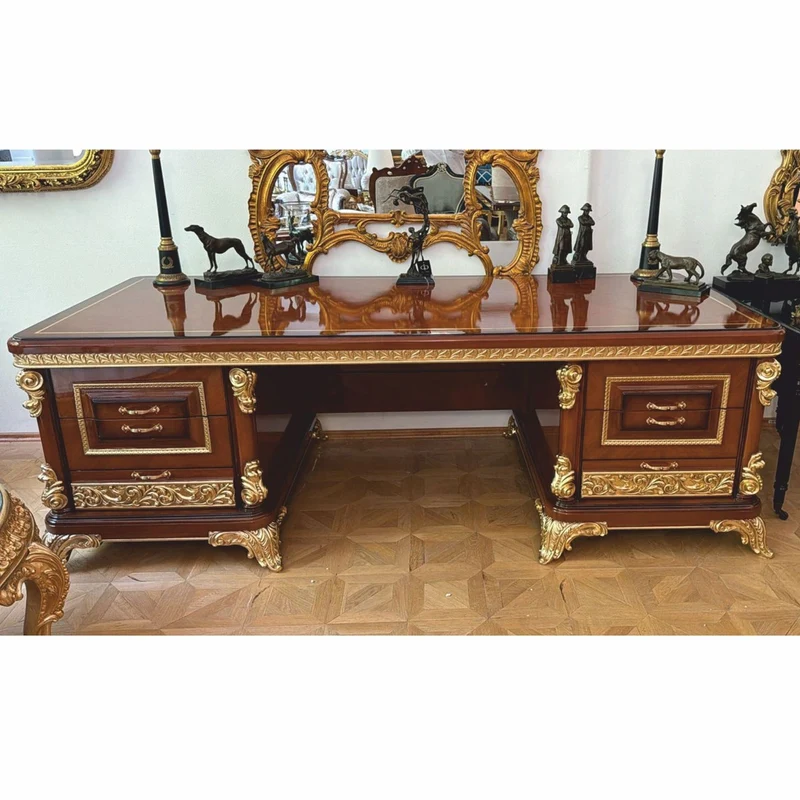 Casa Padrino Luxus Barock Massivholz Schreibtisch Braun / Gold 240 cm - Prunkvoller Barock Bürotisch - Barock Büro Möbel