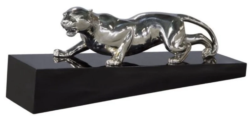 Casa Padrino Luxus Bronzefigur Puma Silber / Schwarz 60 x 17 x H. 20 cm - Elegante Dekofigur auf Holzsockel